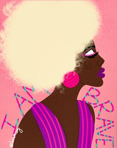 an illustration of a woman with white hair and bright pink makeup on her face, wearing earrings