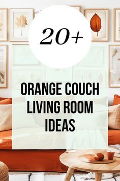 A minimalist living room with an orange couch surrounded by autumn-inspired wall art, evoking a warm, seasonal atmosphere. Orange Couch Living Room Ideas, Orange Couches, Orange Couch Living Room, Leather Couch Living Room Decor, Creative Home Decor Ideas, Couch Living Room Ideas, Living Room Ideas Modern, Orange Couch, Leather Couches Living Room