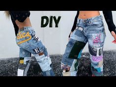 two women in jeans with patches on them and the words diy written across their legs