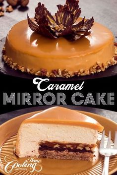 caramel mirror cake on a plate with fork