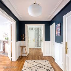 an empty hallway with blue walls and white trim on the door, wood flooring