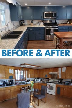 before and after photos of a kitchen remodel with blue cabinets, stainless steel appliances and wood floors