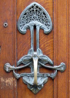 an ornate door handle on a wooden door