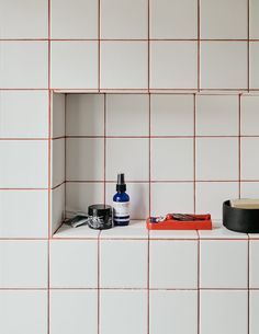 the shelves in the bathroom are filled with personal care items