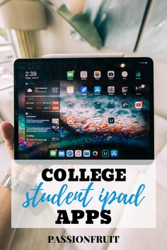 a person holding up an ipad with the text college student app on it