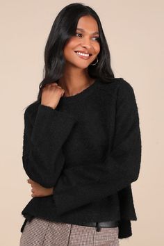 Cozy up on the couch and get ready for a relaxing weekend with the Lulus Signature Sunday Black Raglan Sleeve Pullover Sweater! Lightweight fuzzy sweater knit shapes this cozy sweater that has long raglan sleeves and a crew neckline. A notched, slightly high-low hem completes the look. Pair with the matching pants for a complete look! Fit: This garment fits true to size. Length: Size medium measures 21.75" from shoulder to hem. Bust: Great for any cup size. Waist: Not Fitted - comfortable room throughout midsection. Undergarments: May be worn with any standard bra. Fabric: Fabric is very stretchy. Unlined. 53% Polyester, 25% Acrylic, 20% Recycled Polyester, 2% Spandex. Hand Wash Cold. Do Not Bleach. Line Dry. Iron Low Heat. Imported. Lulus | Signature Sunday Black Raglan Sleeve Pullover Sw Relaxing Weekend, Raglan Pullover, Comfortable Room, Fuzzy Sweater, Matching Pants, Cozy Sweater, Cup Size, Sweater Knit, High Low Hem