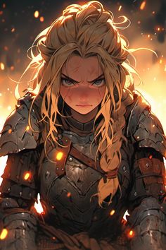 a woman with blonde hair and armor sitting in front of some fireballs on the ground