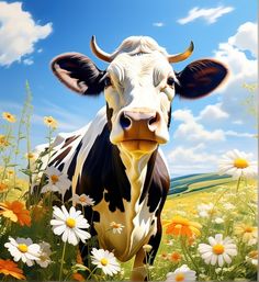 a painting of a black and white cow in a field of daisies