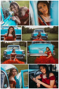 a collage of photos with an old car and woman in red dress