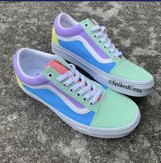 Custom colored all white canvas Vans Old Skool Low Top (aunthentic) Colored with yellow teal pink and light purple to trade out or change a color placement please be very specific in the details when ordering Shoes not available in sizes smaller than * 3.5 youth/women 5 unless noted  Be aware of your Vans size before ordering shoes may run big for some and a size smaller may need to be ordered  Any questions feel free to ask Neon Vans, Custom Slip On Vans, Pastel Vans, Vans Shoes Fashion, Vans Custom, Vans Old Skool Low, Cute Vans, Sweet Tart, Personalized Shoes