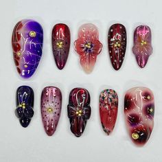 Purple garden theme inspired handmade medium almond press on nails, 3d flower nails art for birthday party, holiday, gift for her Lily Nails, Medium Stiletto, Nails Birthday, Almond Flower, Long Almond, Nail Art Set, Holiday Nail Art, Nail Sizes, Us Nails