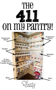 an organized pantry with white bins and plastic containers