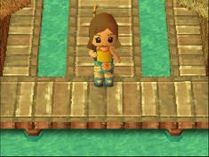 an animal crossing a bridge over water with a person standing on the other side and holding a yellow umbrella