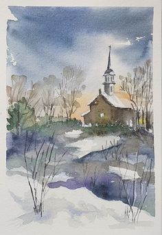 a watercolor painting of a church in the snow