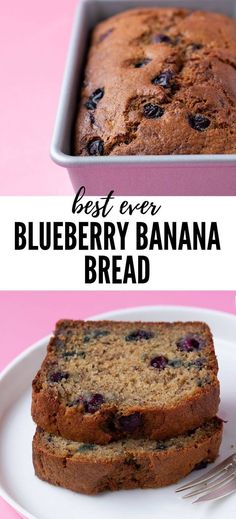 blueberry banana bread on a white plate with a pink background and text overlay