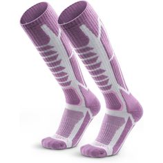 two pairs of socks with purple and white designs on the bottom, one pair is shown