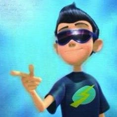 a cartoon character wearing a blue shirt and sunglasses