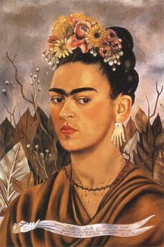 frida portrait with flowers on her head and ribbon in the foreground that says,