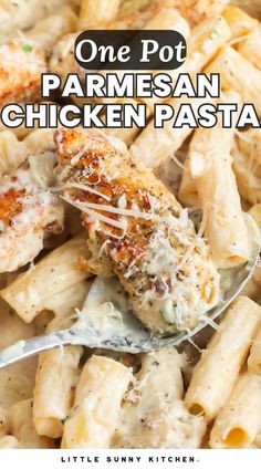 one pot parmesan chicken pasta in a white bowl with a spoon full of it