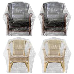 four wicker chairs are wrapped in plastic