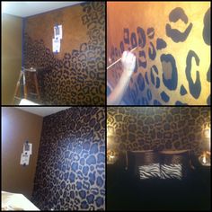 four pictures of the inside of a bedroom with leopard print on the walls and in the bathroom