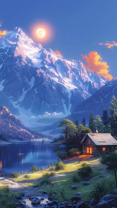 a mountain scene with a lake and cabin in the foreground, under a full moon