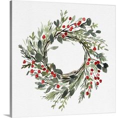 a watercolor painting of a wreath with red berries and green leaves