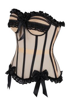 Full bust corset made of premium mesh fabric Underwire padded cups Ruffle & bow trim Side Zipper Closure Waist Tape Fully Steel Boned Lace-Up Back for cinching Underwire Nylon Corset For Parties, Elegant Nylon Corset With Corset Back, Party Underwire Nylon Corset, Elegant Nylon Corset With Boned Bodice, Elegant Mesh Corset With Boned Bodice, Underbust Mesh Corset With Boned Bodice, Elegant Nylon Corset With Underwire, Elegant Nylon Corset With Boning, Elegant Overbust Nylon Corset