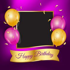 a happy birthday card with balloons and streamers on a purple background, eps file available