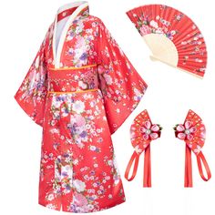 PRICES MAY VARY. Material:High quality satin polyester(Imitation silk) Package includes: Kimono robe , Belt, Backband, Silk folding fans，Hairstick -5 piece set Suit for: Daily wear ,Children party dress,Fun as birthday or holiday gifts,Halloween party uniforms, Cosplay party uniforms. A great costume or gift for festival and so on This kimono Yukata robe with classic traditional Japanese style will provide you a soft and comfortable experience.Luxurious silky feel and look, It is light weight an Traditional Japanese Clothing, Japanese Kids, Japanese Traditional Clothing, Cute Kimonos, Baby Costumes Girl, Dress Kimono, Japanese Clothing, Kids Party Dresses, Beautiful Kimonos