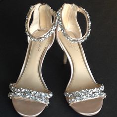 Brand New Condition, Embellished Strap, Gorgeous Champagne Color With Exquisite 'Bejeweled Ankle And Toe Straps By Badgley Mischka "Jewel" Collection. Size 8. Worn Only Once!! The Backs Have An Easy Zip, Zippered Foot Entry And The Heels Are Slightly Under 3" Inches In Height. These Super Cute Dressy Shoes Are Perfect For Weddings, Graduations And Proms. Please See All Pictures. Price Is Firm Jewel Badgley Mischka, Dressy Shoes, Badgley Mischka Shoes, Champagne Color, Badgley Mischka, Shoes Women Heels, Champagne, Shoes Heels, Weddings