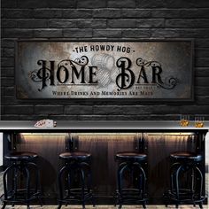 a bar with three stools and a sign that says the hodgy hog home bar