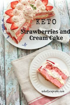 keto strawberry cream cake with strawberries and whipped cream on top, served on paper plates