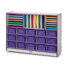 a purple and white storage unit with plastic bins on it's sides, filled with colored folders