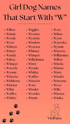 the girl dog names that start with w are in black and white on an orange background