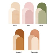 different shades of pink, green, and terracotta are shown in this image