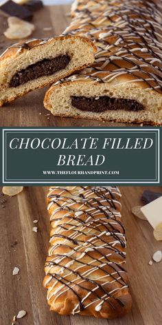 chocolate filled bread is cut in half and sitting on a cutting board with the words, chocolate filled bread