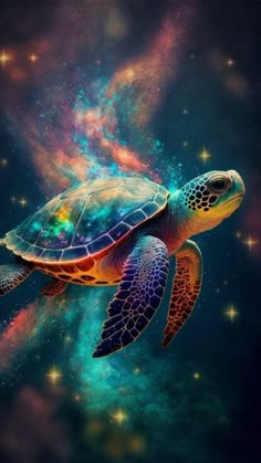 a painting of a turtle swimming in the ocean with stars and clouds around it's neck