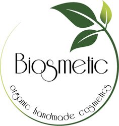 the logo for biosmetic organic handmade cosmetics, with a green leaf on top