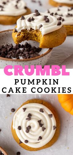 two pictures of pumpkin cookies with white frosting and chocolate chips