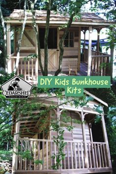 a tree house with the words diy kids bunkhouse kits above it