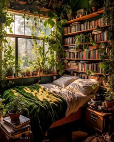 a bedroom with lots of plants and bookshelves