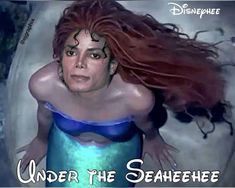 a woman with long red hair in a blue dress and words under the seabeee