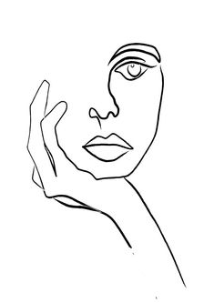 a black and white drawing of a woman's face with her hand on her cheek