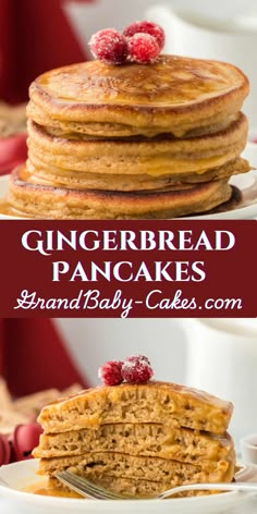 a stack of pancakes with raspberries on top and the words gingerbread pancakes above it