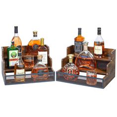 two wooden trays filled with different types of liquor