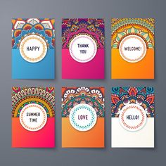 four colorful cards with different designs on them