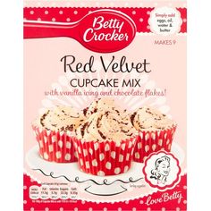 betty crocker red velvet cupcake mix with vanilla icing and chocolate flakes