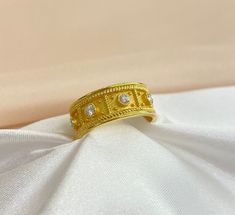 Gold Byzantine Ring | Wide Gold Ring | Byzantine Ring | 18K Solid Gold Ring | Diamond Stones Ring | Byzantine Jewelry | Gift For Her  ✪ With the ring you will receive an official gemological certificate! RING DETAILS:  Material:18K Yellow Gold Weight: 5,5 GR Stones: Brilliant Cut Diamonds ♦ Payment Options Available  ♦ Free Shipping Via FedEx ♦ All pieces come in gift box  ♦ All our jewelry comes with a certificate 💖Welcome To Our Shop , Great To Know You All Here  Discover the finest handcraft Byzantine Ring, Wide Gold Ring, Byzantine Rings, Byzantine Jewelry, Gold Ring Diamond, Solid Gold Ring, Solid Gold Rings, Ring Diamond, Gold Diamond Rings