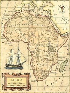 an old map of africa with ships on the water and land in front of it